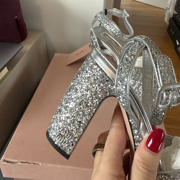 NWT Miu Miu Platform Ankle Strap Sandals Silver Glitter Crisscross Straps Sz 36 - Picture 6 of 11